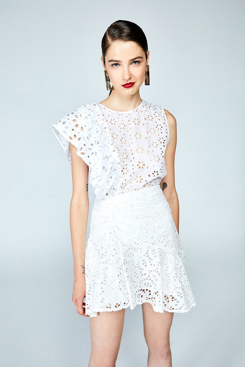 Imbatible combinación de un cuerpo y una mini que se copian los efectos especiales: recurrir al vuelo del volante y un troquelado que le quita hierro a lo sexy. Precio: 25,99+29,99€. Dónde: Sfera