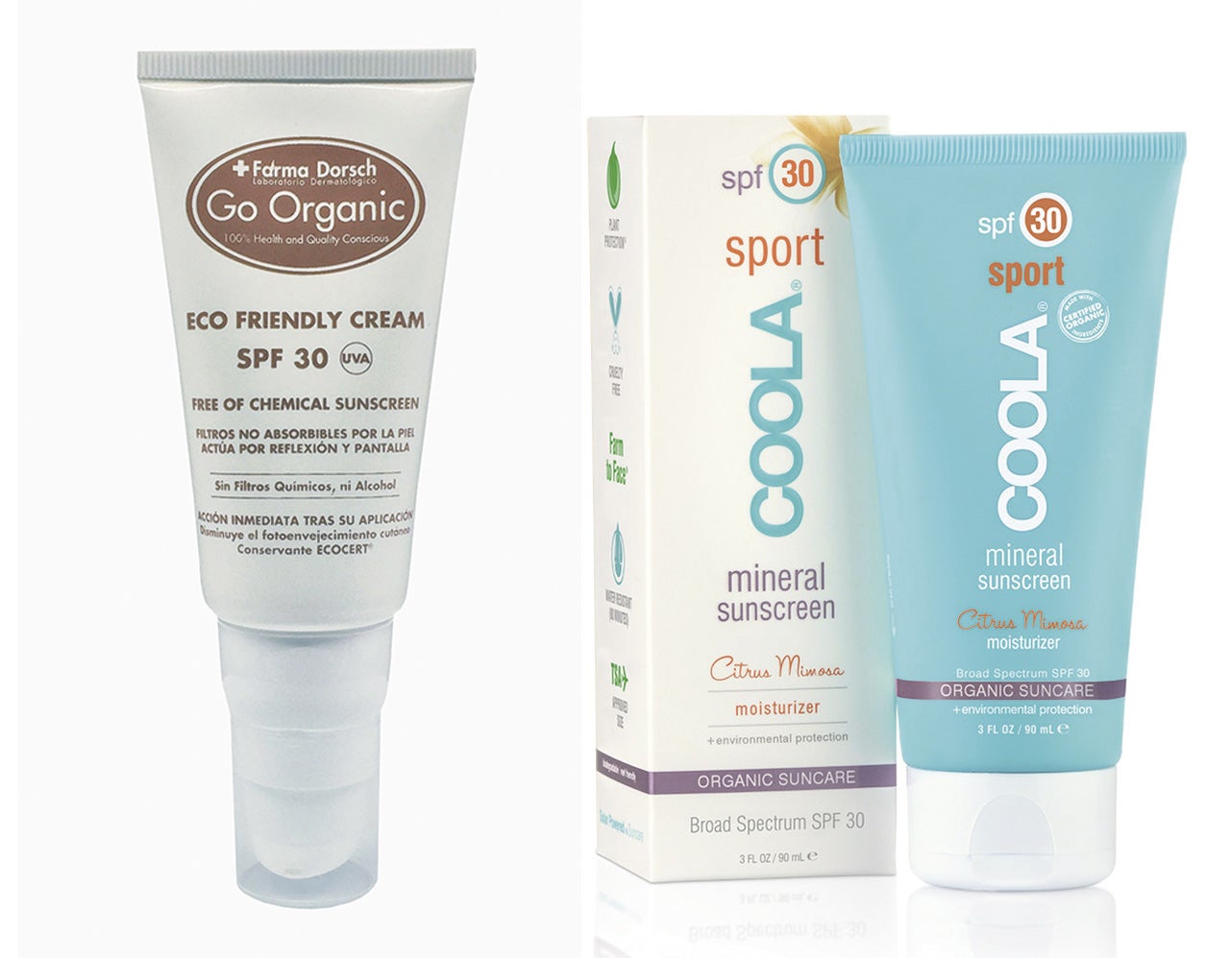 Si te preocupa lo que te aplicas en el rostro o lo que los productos que usas pueden hacer por el medio ambiente, tienes dos opciones que se toman muy en serio ambas cosas. Para empezar, porque las dos utilizan únicamente filtros físicos. Go Organic de Farma Dorsch, además, tiene certificado orgánico Ecocert. Coola, por su parte, aporta su granito de arena eliminando al oxibenzona de su fórmula, la culpable declarada de que ls arrecifes de coral estén perdiendo su color rojo. Go Organic Eco Friendly Cream SFP30 de Farma Dorsch (38€) / Mineral Sport SPF30 Citrus mimosa Moisturizer de Coola (39€)