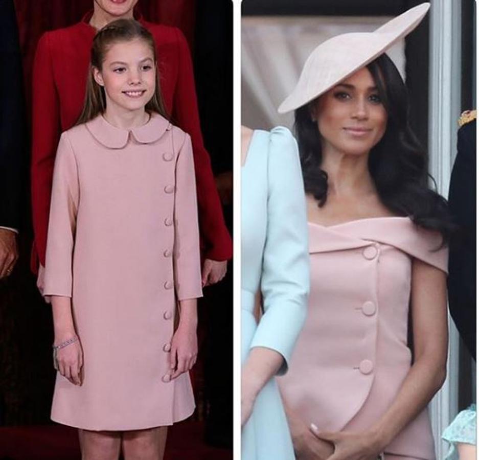 En las redes, este diseño realizado en exclusiva por el 'atelier' de Carolina Herrera para Meghan Markle ha llamado bastante la atención por el parecido razonable con otro vestido, creado por el mismo taller, para nuestra infanta Sofía.