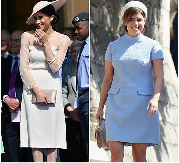 Galería. A la izquierda, Meghan Markle con un vestido por debajo de las rodillas. A la derecha la princesa Beatriz, en la boda de Harry y Markle.