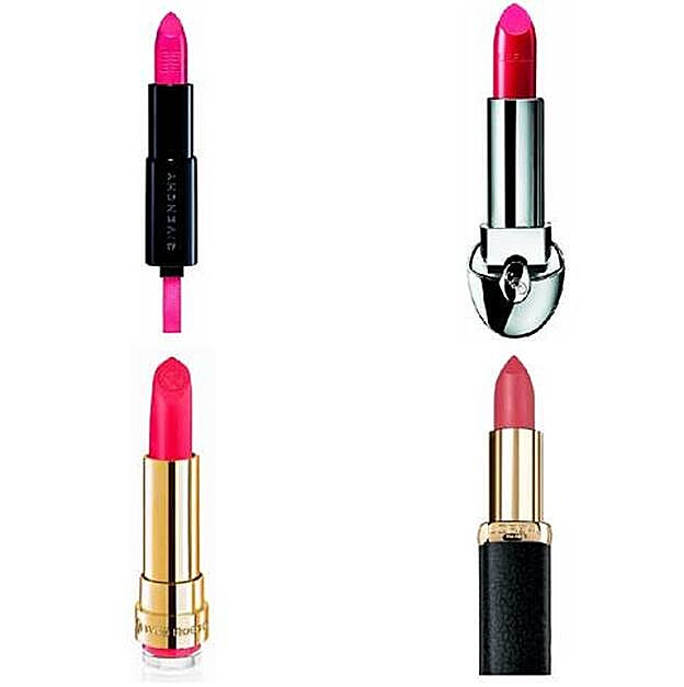 1. Rouge Interdit Marbre Shade de Givenchy (32 €). 2. Rouge G en tono nº 73 de Guerlain (33 €). 3. Grand Rouge Matte de Yves Rocher (14,50 €). 4. Barra de labios Color Inspiration 2018 de Hannibal Laguna x L’Oréal Paris (9,90 €)