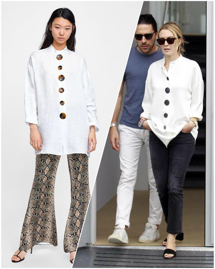 Cómo no iba a llevar Marta Ortega una prenda con  botones . Y esta blusa, en varias versiones, está presente en cada colección de Zara. La que lleva Marta era de la colección de primavera/verano, llegó a rebajas, pero ya está agotada. Tranquila, hay más opciones.