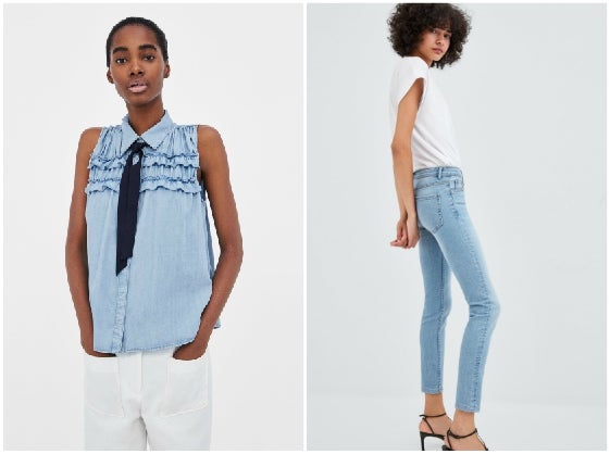 Top+jeans. Ambos de tono claro, muy veraniego. El top con volantes y lazo es de Zara (25,95 euros) y los vaqueros, también (19,95 euros).