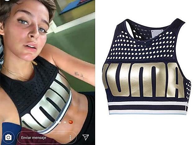 Sujetador deportivo con logo en diseño metalizado, 45 euros.