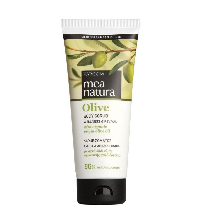 Contiene aceite de oliva virgen cultivado orgánicamente, aloe vera y vitamina E, una rica combinación de ingredientes naturales con propiedades antioxidantes e hidratantes. Elimina las células muertas de la piel, gracias a los gránulos de aceituna que contiene, dejándola vigorosa, revitalizada y con una suavidad sedosa única.  Olive Body Scrub Wellness & Revival de Mea Natura  (6 €).
