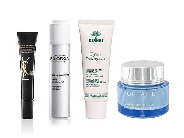 Beauty Sleep Concentrado Revelador de Luminosidad de YSL (53 €). Borrador de signos de cansancio Sleep Recover Nuit de Filorga (57 €). Crème Prodigieuse Soin Hydratant Défatigant de Nuxe (22,70 €). Soin Sublimateur Anti-Fatigue Absolu de Orlane (98 €).