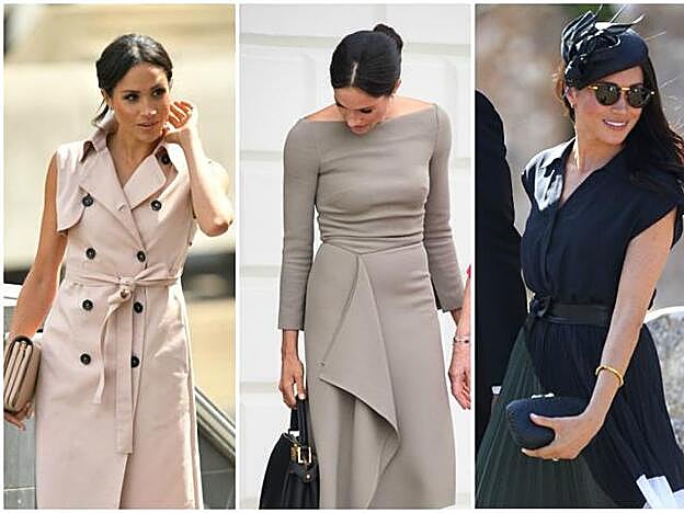 De izquierda a derecha: Meghan Markel con una pieza de: House of Nonie, Ralph & Russo y de Club Monaco.