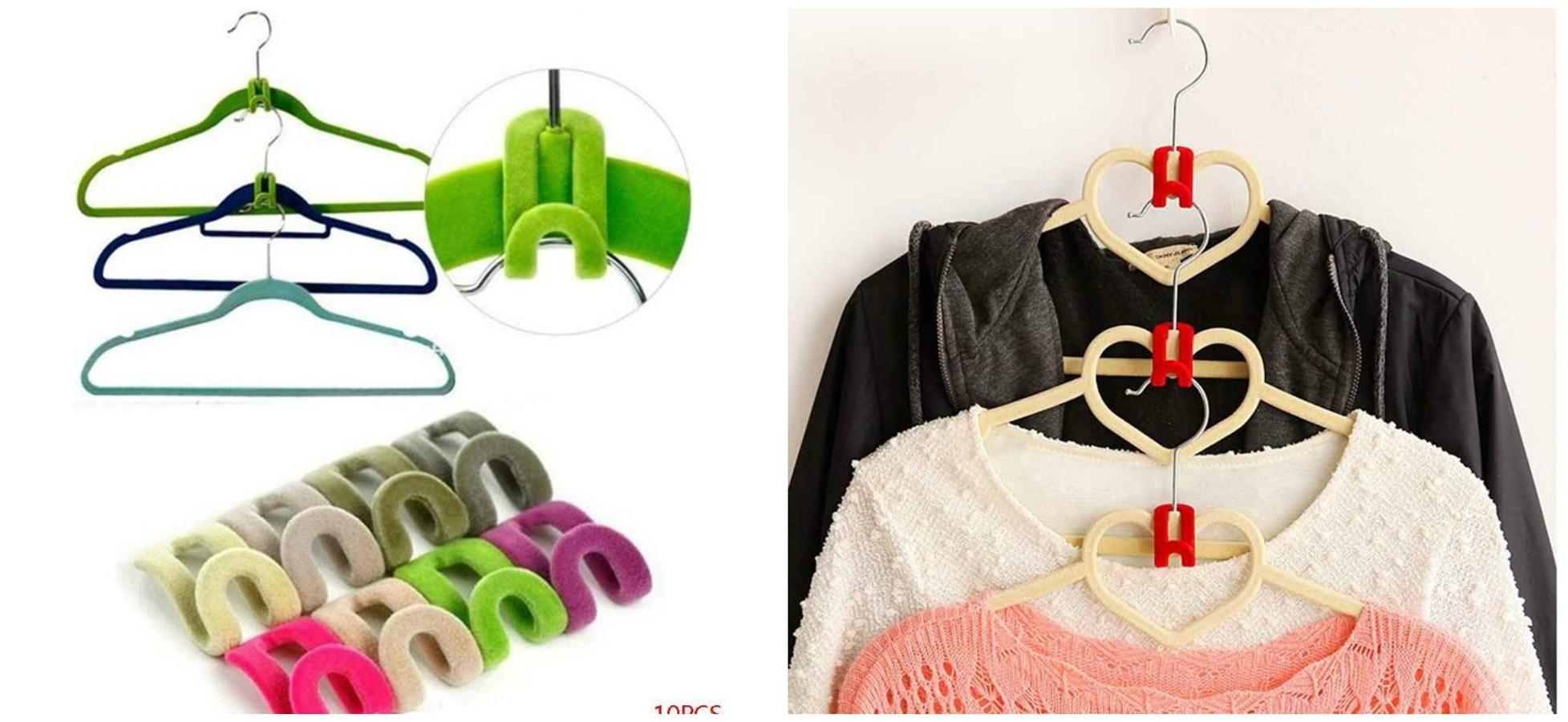 Este accesorio permites que cuelgues una percha sobre otra. Con esto puedes ahorrar espacio y colgar tu ropa segun colores. Precio por un set de 10 piezas: 1,95 euros, en Amazon.