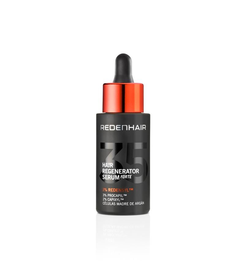 Está compuesto de principios activos que estimulan el crecimiento capilar: 3 % de procapil (combate el envejecimiento), 2 % de capixil (disminuye el daño causado por los radicales libres)y células madre de argán (acelerar el proceso de reparación. No incluye sulfatos, ni parabenos, ni alcohol.  Hair Regenerator Serum Forte de Redenhair  (49 €).