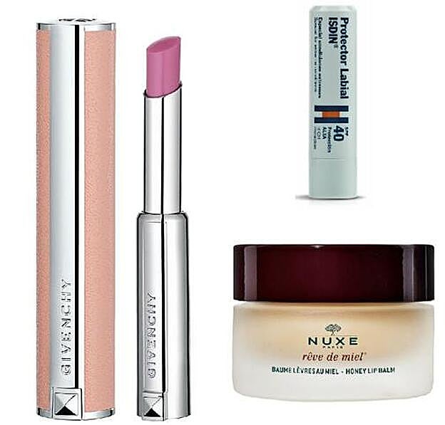1. Rêve de Miel Bálsamo de labios con Miel Ultra-Nutritivo y reparador de Nuxe (9,90 €). 2. Le Rouge Perfecto en tono Perfect Pink de Givenchy (36,50 €). 3. Protector Labial SPF40 de Isdin (5,35 €)..