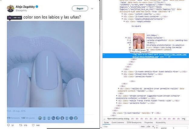 Captura de pantalla de la foto en Twitter, y su código HTML.