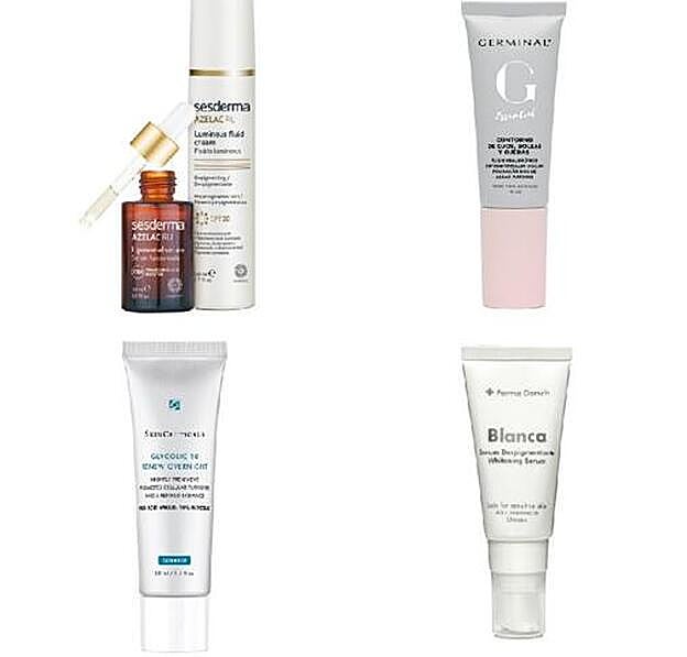 1. Azelac RU Sérum Liposomado (40,95 €) y Azelac RU Fluido Luminoso de Sesderma (34,95 €). 2. Essential Contorno de Ojos, Bolsas y Ojeras de Germinal (29 €). 3. Glycolic 10 Renew Overnight de SkinCeuticals (72 €). 4. Micho Hyalu Patch Ojos de Vichy (20 €).