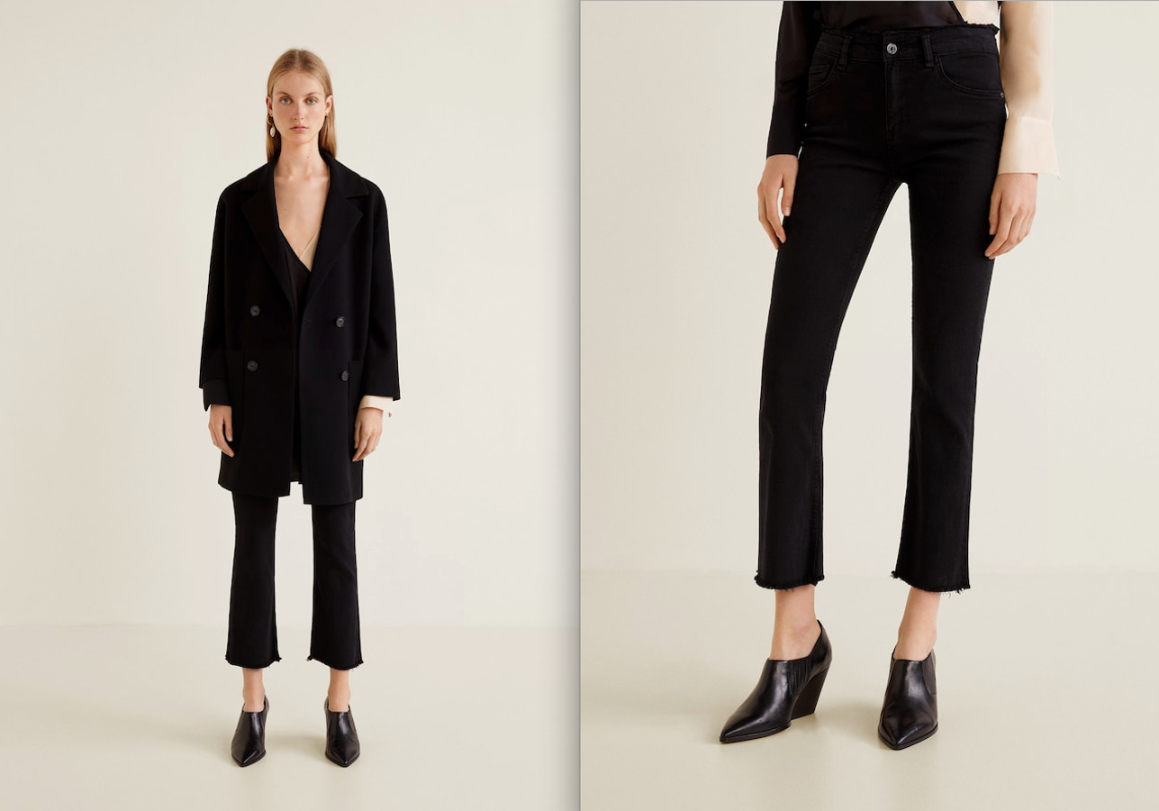 Atención a estos vaqueros negros con un diseño marcadísimo: son el aliado que necesitas para convertir un look anodino en uno para recordar. El largo trompeta ligeramente deshilachado no solo descubre los tobillos sino que centra la atención en los zapatos: perfecto para lucir unas botas cowboy (20,99 euros).