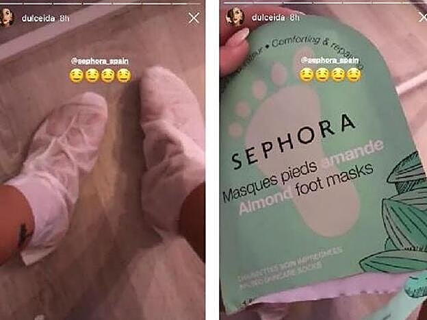 Dulceida probando la mascarilla para pies de Sephora.