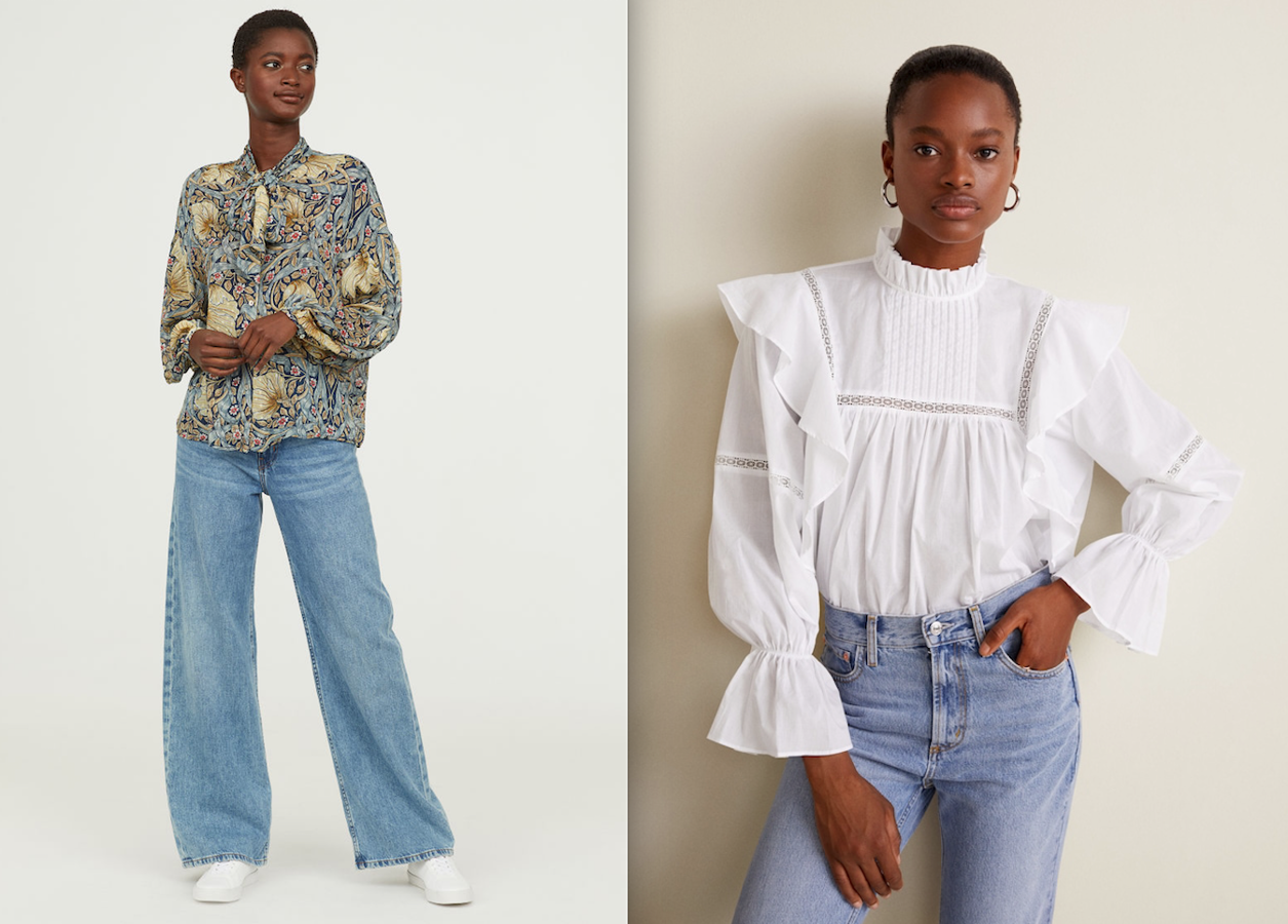 En H&M encontramos multitud de camisas que apuestan por este aire recargado que vamos buscando. Entre las recién llegadas, estas dos nos han llamado la atención. La primera forma parte de la colección de la tienda sueca ha dedicado a las flores de William Morris: lleva cuello con lazada, botones y mangas globo con botón en los puños (9,99 euros). La segunda incluye detalles decorativos, calados, volantes y unas mangas espectaculares (39,99 euros).