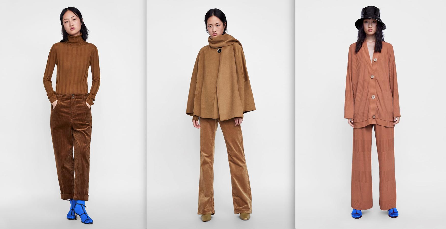 En Zara ya podemos ver algunos total looks monocolor, especialmente en toda la gama de marrones. Estos fantásticos pantalones de pana gruesa marrón (39,95) funcionan a la perfección con el jersey de canalé y cuello cisne (25,95 euros). El mismo jersey va debajo de este abrigo capa (89,95 euros) y pantalones flare de pana (29,95 euros). El traje de punto color caramelo (29,95+19,95 euros) es otra combinación estrella.