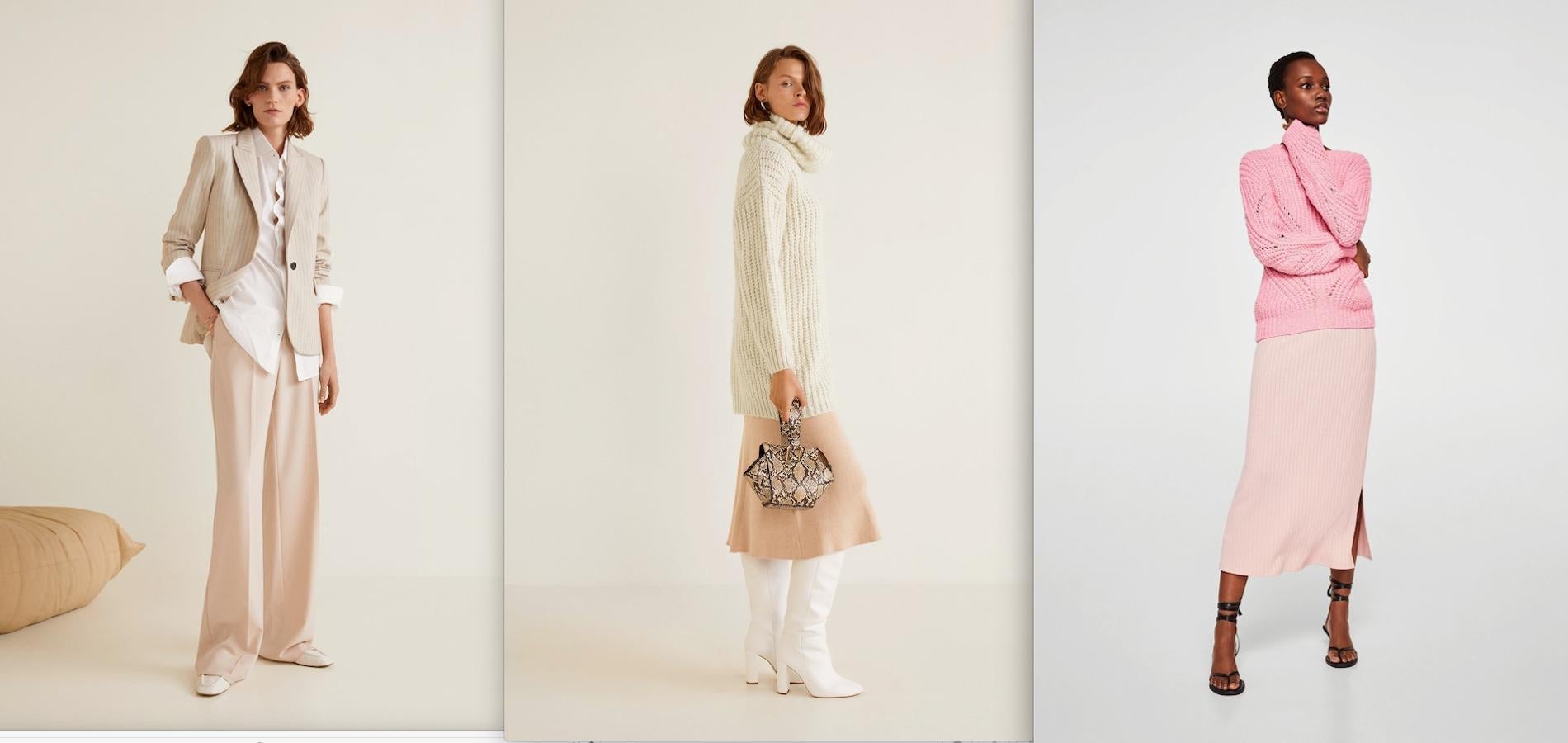 Tenemos opciones en tonos más suaves. También en Mango, triple combinación alrededor del beis: pantalón palazo de tiro alto (39,99 euros), camisa satinada (29,99 euros) y americana estructurada de rayas (49,99 euros). En los mismos tonos algo más contrastados se mezclan un vestido de punto canalé (29,99 euros) y un jersey de punto grueso (49,99 euros). En dos tonos de rosa tenemos las mismas piezas: una falda de canalé (17,99 euros) y un jersey (35,99 euros).