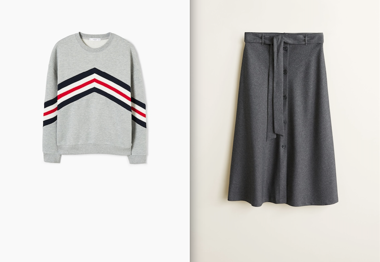 En Mango encontramos una combinación de falda (25,99 euros) y sudadera (29,99 euros) en tonos grises que te lo ponen fácil en esos días en los que te faltan los minutos. La clave está en el detalle de las rayas de color de la sudadera: animan todo el conjunto.