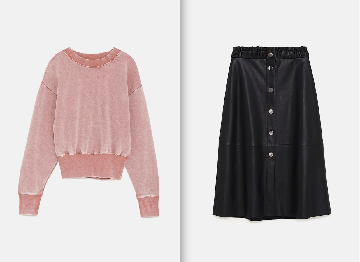 Una combinación con un toque algo más sofisticado: una falda midi efecto piel adornada con botones de Zara (29,95 euros) y una sudadera de la misma tienda, en un rosa bebé y ajustada a la cintura (15,95 euros).