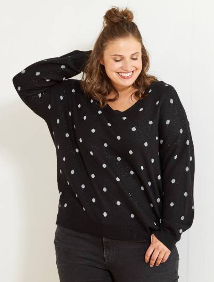 Jersey con lunares y detalle de hilos dorados, 20 euros.