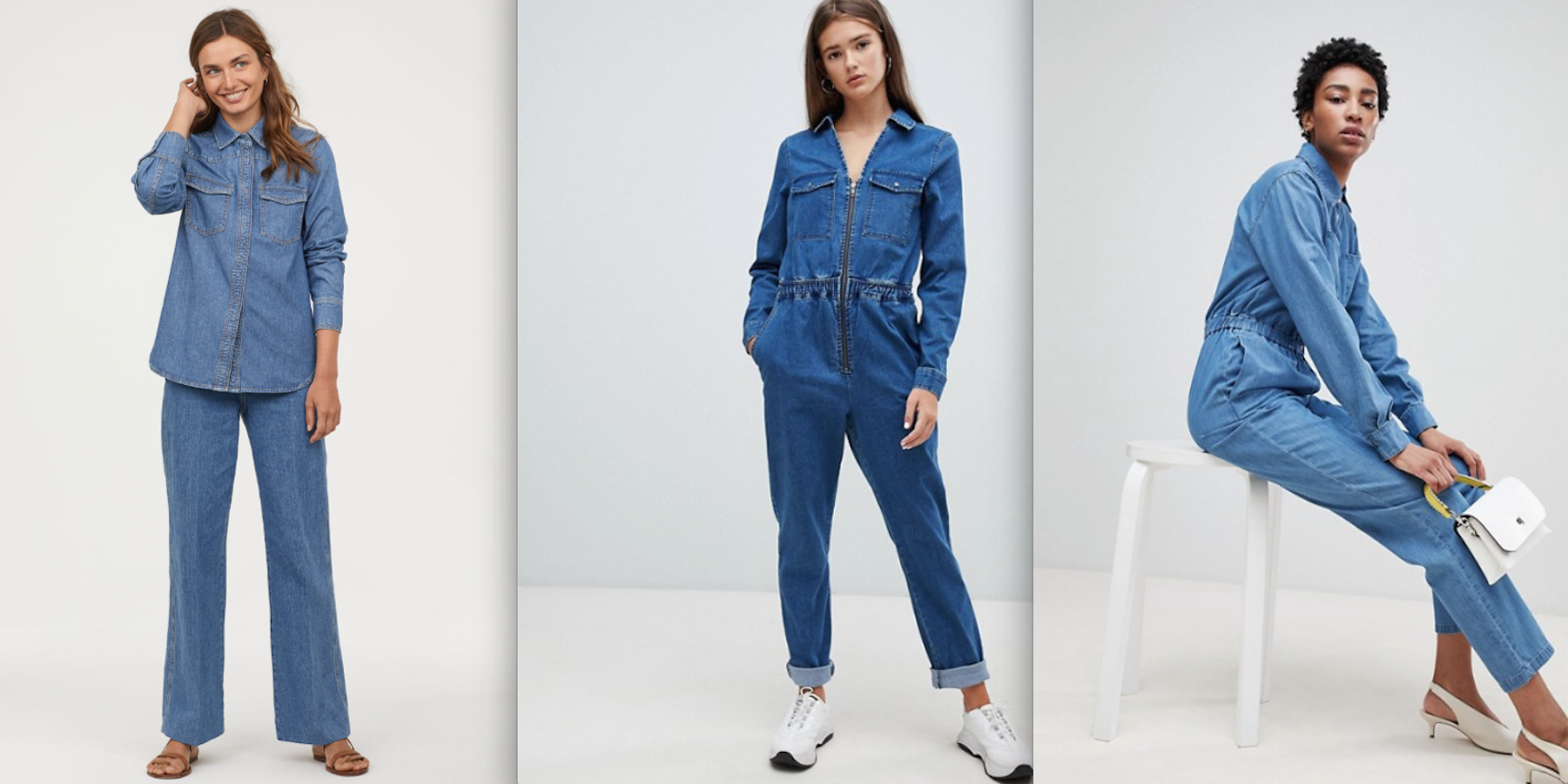 Para clonar esta ilusión de llevar un dos piezas con el denim idéntico podemos recurrir a un mono o realmente combinar dos piezas con el mismo denim. H&M tiene una camisa (39,99 euros) y unos jeans con aire setentero (29,99 euros) que comparten exactamente el mismo tejido vaquero. En Asos tienen dos monos con los que podemos clonar el look con riñonera de Teresa Andrés Gonzalvo: uno de Asos Design en tono más claro a un precio de escándalo (28,49 euros) y otro de Noisy May más oscuro (57,99 euros) y estilo worker.