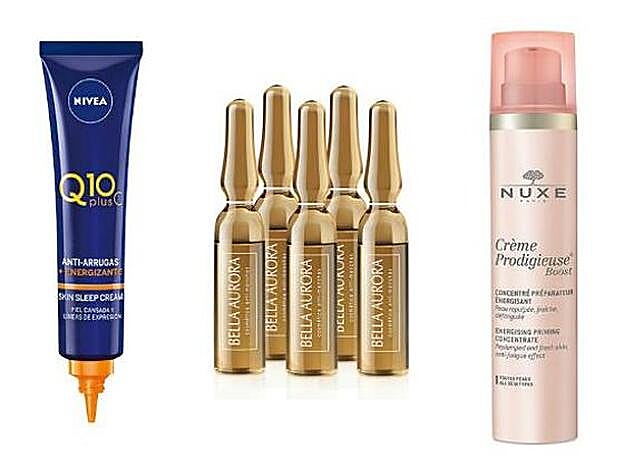 4. Q10 PlusC Skin Sleep Cream Anti-arrugas + Energizante de Nivea (9,95 €). / 5. Splendor Booster Vitamina C + Ácido Hialurónico de Bella Aurora (c.p.v.). / 6. Créme Prodigieuse Boost Concentrado Preparador Energizante de Nuxe (30,50 €).