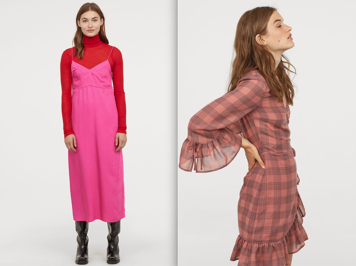 El vestido lencero de H&M (69,99 euros) ha sido un hit del otoño: la combinación con el cisne rojo ha funcionado genial, de ahí que queden poquísimas tallas (¡a por él!). En la misma tienda, también vuela el vestido cruzado, adornado con volantes estampado en cuadros rosados (34,99 euros).