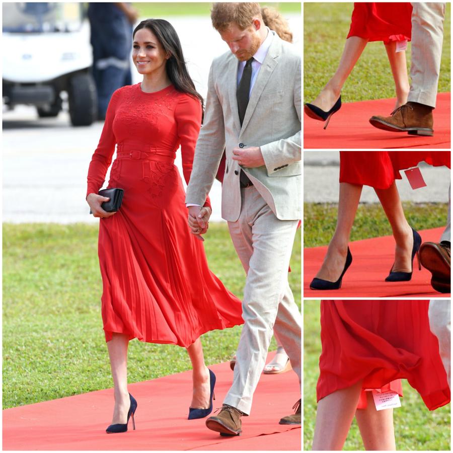 De hecho, aunque a primera vista no nos habíamos dado cuenta, si miramos en detalle el look de Meghan Markle, descubrimos que su vestido de Self Portrait... ¡aún tiene las etiquetas puestas! Y, lo peor de todo: bien visibles al andar. A todas nos ha pasado alguna vez, pero puede que en este caso, este detalle le haya costado a su estilista o a sus asistentes, si no es el despido, al menos una buena bronca.