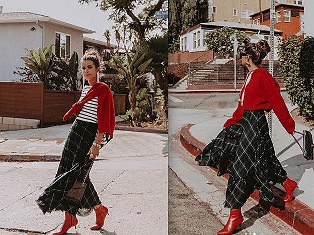 Sara Escudero mezcla en este look cuadros con rayas.