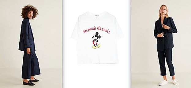 Traje de Mango y camiseta de Stradivarius.