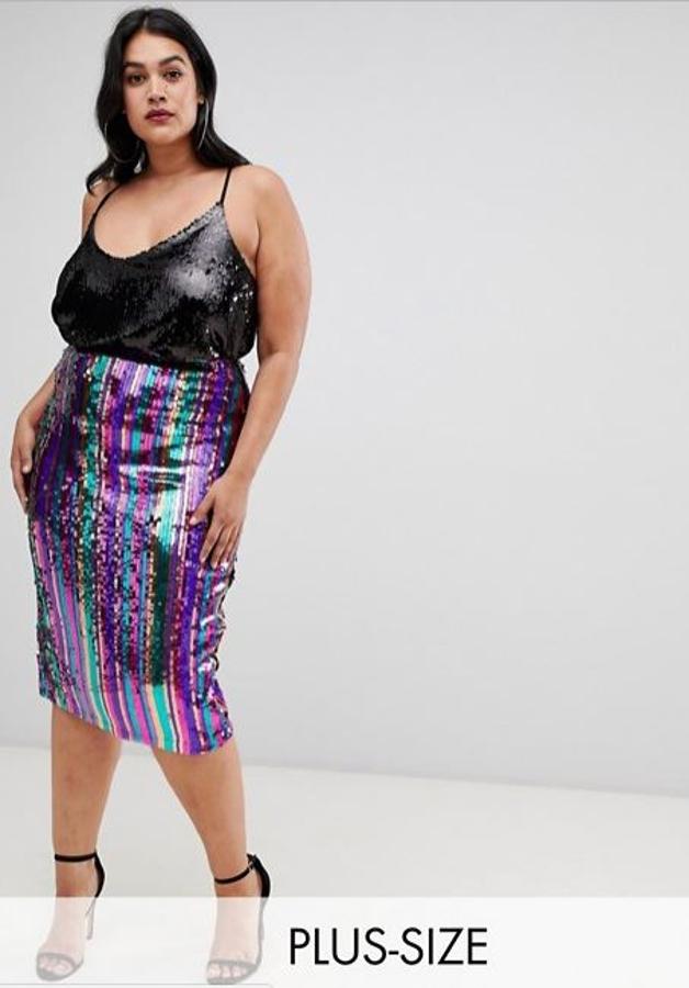 Para las más cañeras, este falda de tubo de lentejuelas en las tonalidades del arco iris puede ser total (Outrageous Fortune Plus, 58,99 euros). Se vende en Asos desde la talla 46.