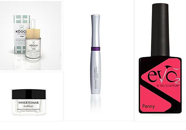 1. Contorno de ojos de Kóoch Green Cosmetics (36 €). 2. Crema Luminosa Vitamina C, de Wherteimar (74,05 €). 3. Serum acondicionador de cejas y pestañas, de Nouveau Lashes (35 €). 4. Esmalte de uñas de Evo2 (12 €).