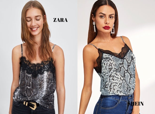 Camiseta con estampado de serpiente y lencero de Zara: 12,95 euros. Top de serpiente con lencero de Shein: 7 euros.