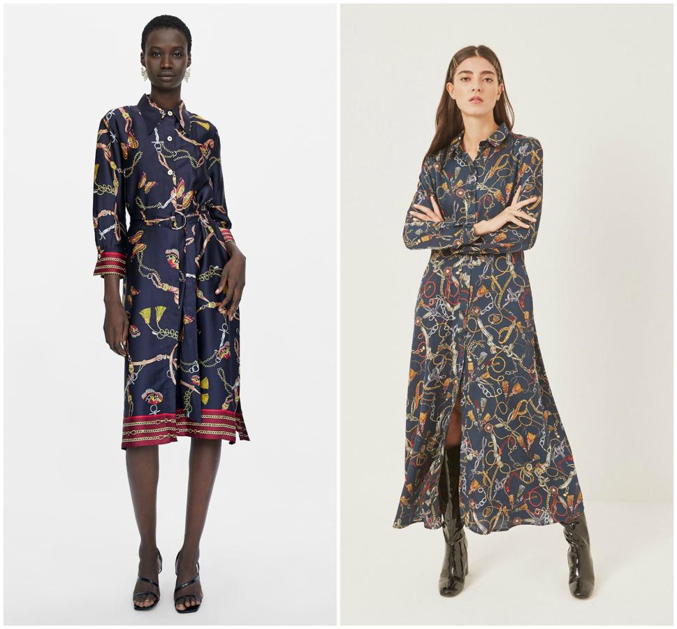 Y otro ejemplo magistral de cómo Mulaya (vestido de la derecha, 25.99 euros) copia un diseño con estampado pañuelo de Zara (vestido de la izquierda, 39.95 euros).