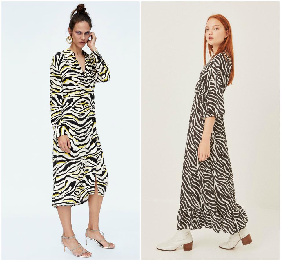 Y por último, la versión más salvaje del 'animal print': el estampado de cebra. A la izquierda, un diseño de Zara que cuesta 39.95 euros; a la derecha, la versión de Mulaya, con un precio de 22.99 euros.