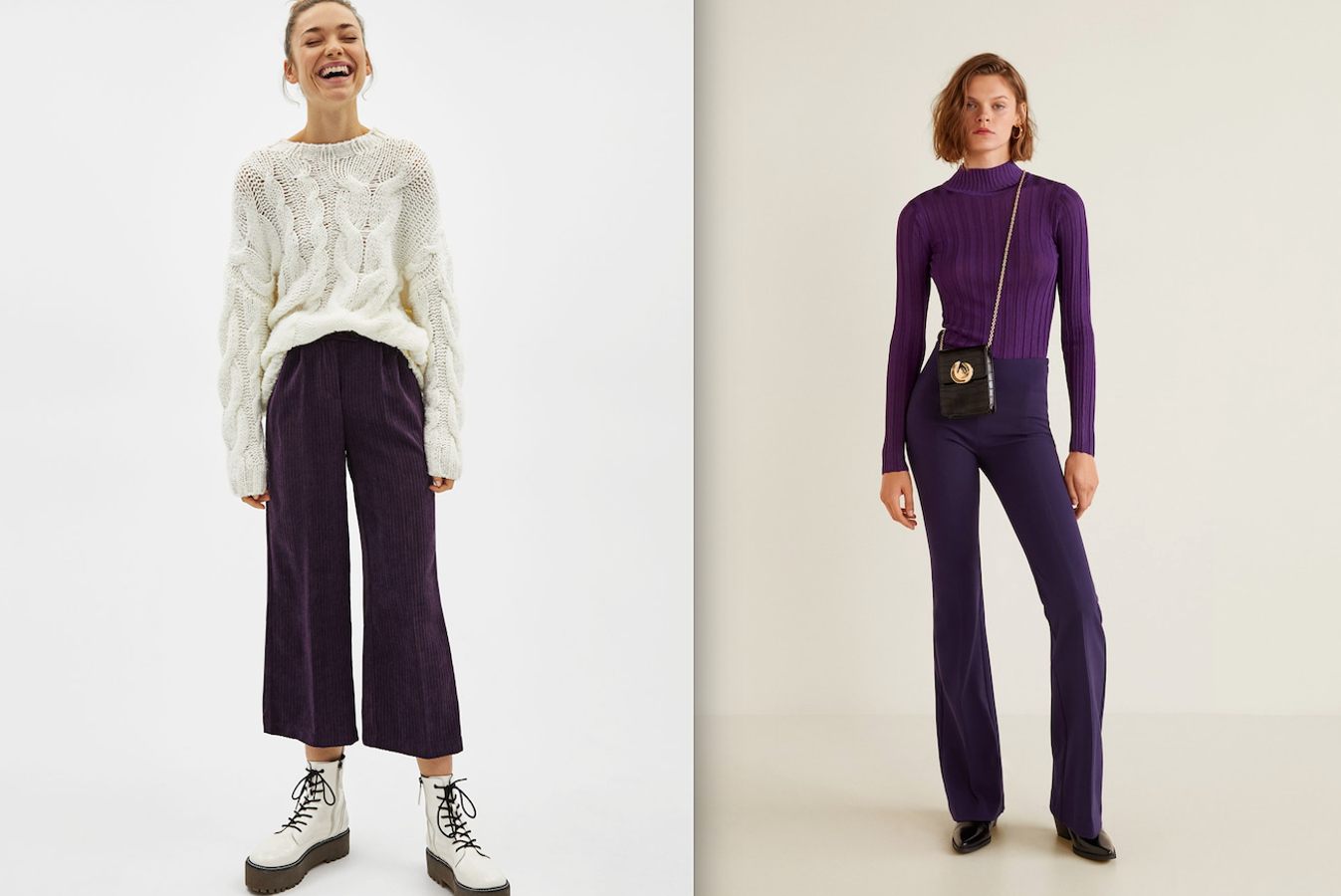 No deberíamos tener mucho problema para encontrar en las tiendas del "low cost" pantalones de patrón clásico en cualquier tonalidad derivada del morado. Estos dos nos han llamado la atención porque aportan un plus de personalidad: unos "culotte" de Stradivarius (19,95 euros) de pana, con pinzas y goma en la cintura, y unos pantalones acampanados fantásticos de Mango (39,99 euros).