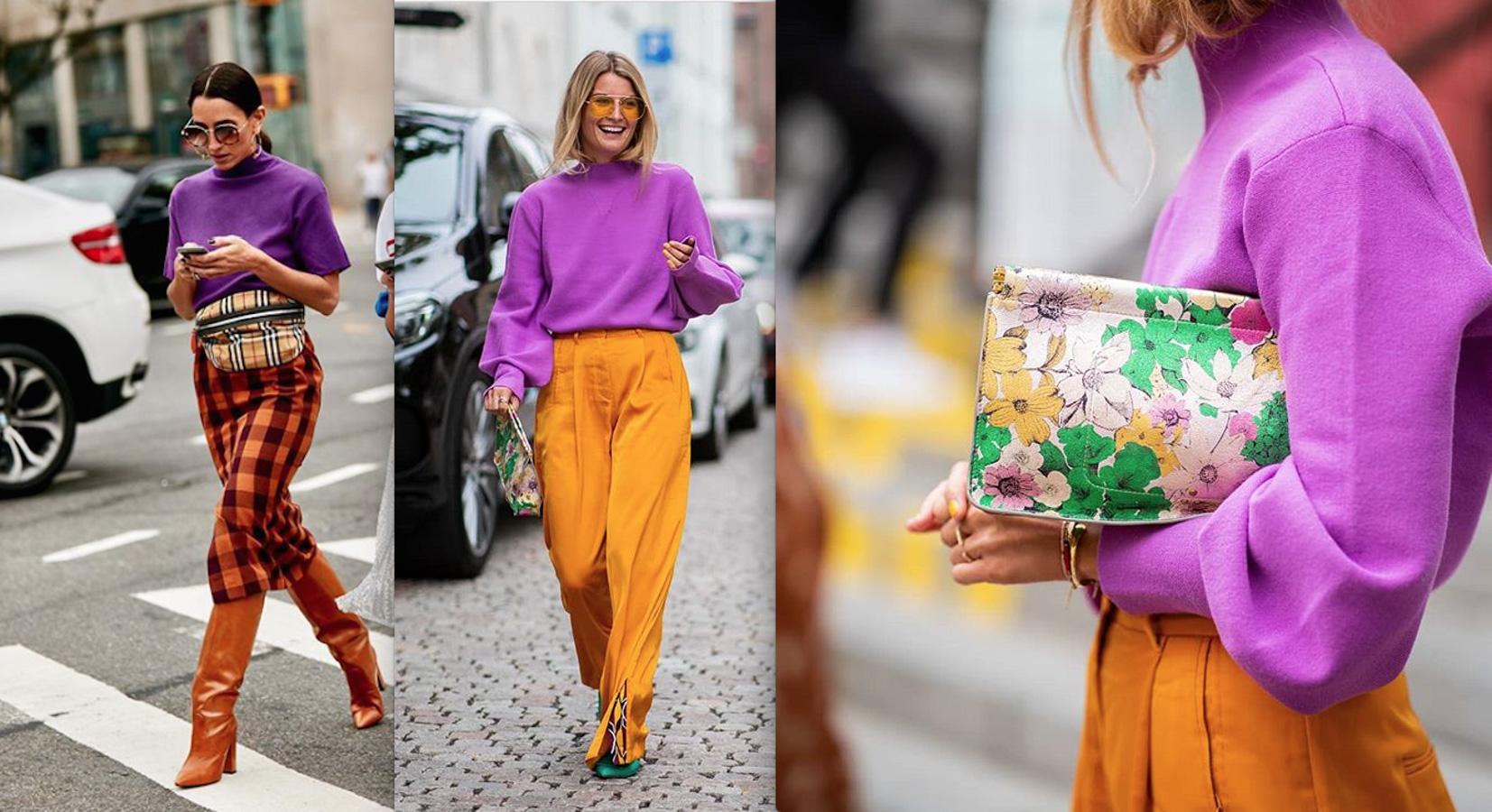 Durante las semanas clave de septiembre en el calendario de la moda anual, las "fashion weeks" de Milan, Londres, París, Nueva York (y añadamos Estocolmo), las editorias de moda internacionales y las "influencers" globales ya se dejaron ver combinando naranja y morado en dos bloques de color definidos. Como siempre, ellas tienen las ideas que poco a poco van calando hasta llegar al nivel cero de la moda: las que no tenemos tiempo para inventar y estamos encantadas de copiar