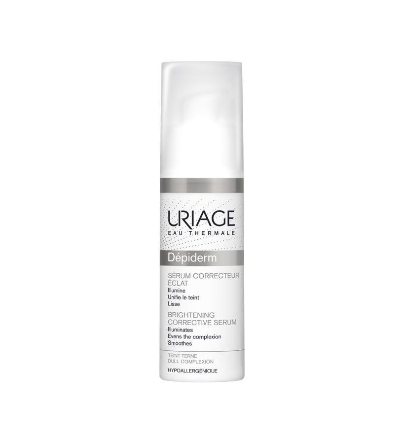 El corazón de su fórmula está basado en la asociación de extracto de guisante y sacaros (inhibe la tirosinasa y la maduración de los melanosomas, causantes de las manchas), vitamina C (actúa contra la pigmentación y la oxidación de la melanina), agua termal de Uriage (hidrata, calma y protege el ADN) y enoxolona (potente antiinflamatorio).  Dépiderm Serum de Uriage  (32 €).