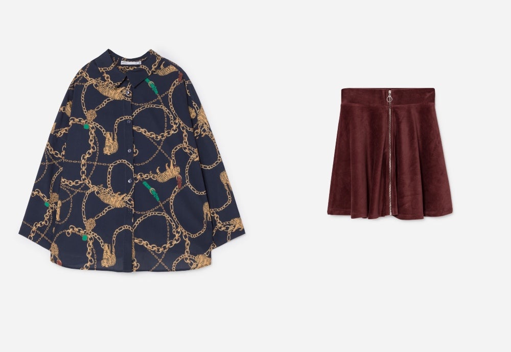 Camisa con estampado de cadenas de Lefties: 15 euros. Falda de pana con cremallera de Lefties: 12 euros.