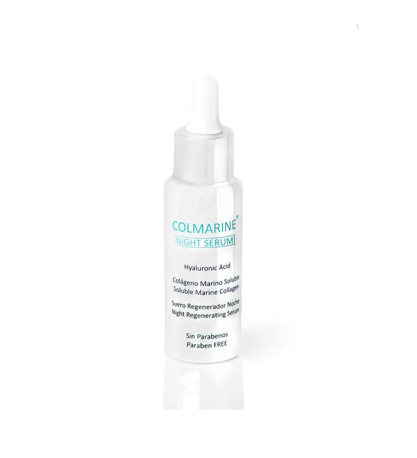 De textura suave y ligera, contiene alta concentración en colágeno marino y ácido hialurónico y está formulado especialmente para restablecer las funciones vitales cutáneas durante la noche. Otro de sus ingredientes naturales es la soja que recupera la tersura y luminosidad de la piel y potencia su función barrera. Atenúa las arrugas y líneas de expresión.  Night Serum de Colmarine  (85 €).
