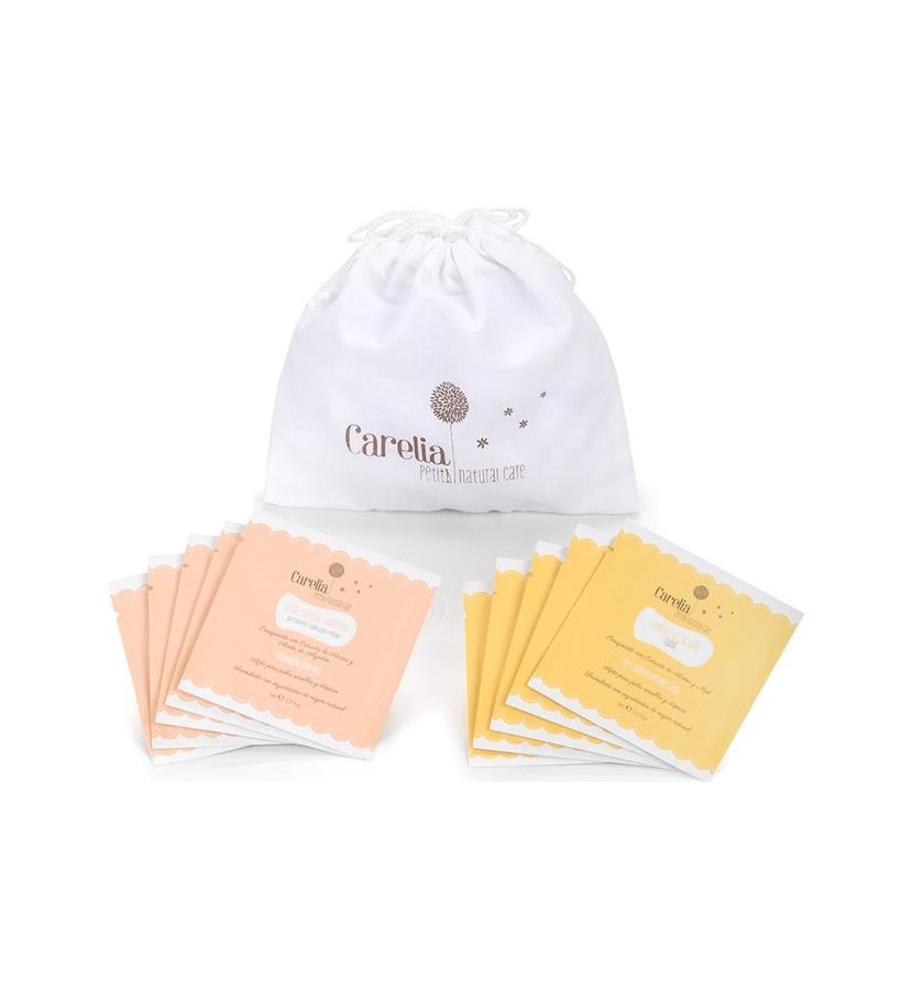 Beauty Kit para viajar con los pequeños y no llevar peso. Este neceser contiene productos eco: Monodosis Champú y Gel de Baño, con extracto de avena, caléndula orgánica, miel y bisabolol. Eau de Toilette de neroli, flor de azahar, flores blancas, algodón y muguet, Leche Corporal Hidratante, con extracto de avena, aceite de algodón, manteca de karité, aceite de almendras dulces y almendras dulces hidrata en profundidad, calma y regenera las pieles atópicas. (9,95 €/ 10 monodosis).