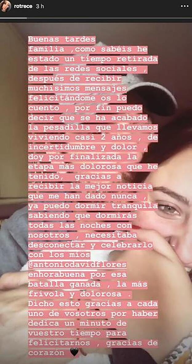 Este es el texto que ha colgado Rocío Flores en sus 'stories'.