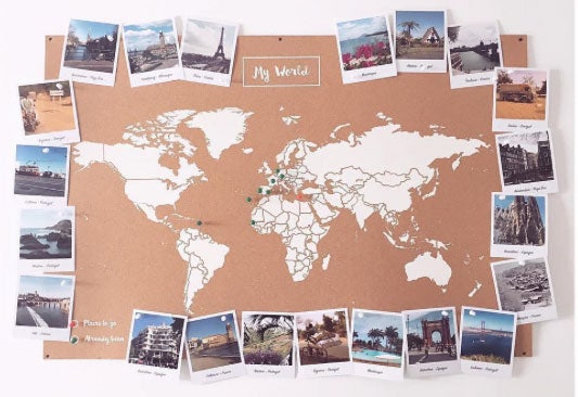 Mapa mundi de Miss Wood,para que pueda poner todos los destinos que ha conocido y los que aún tiene que visitar. ¡Se pueden pegar fotos!