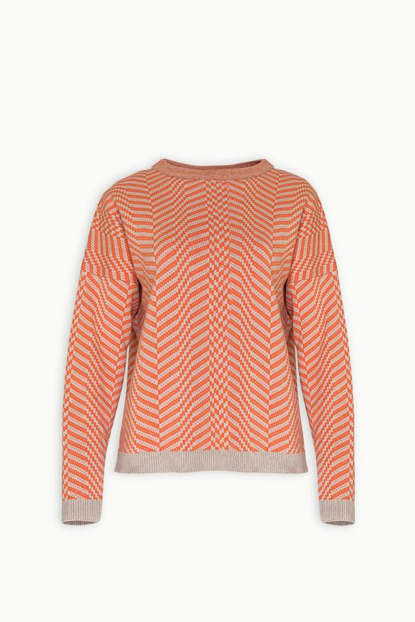 Jersey con estampado geométrico en color 'living coral' de Clea Stuart (cpv).