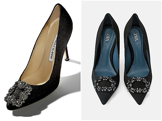 A la izquierda, los Hangisi de Manolo Blahnik (895 euros); a la derecha, el clon perfecto de Zara (79.95 euros).