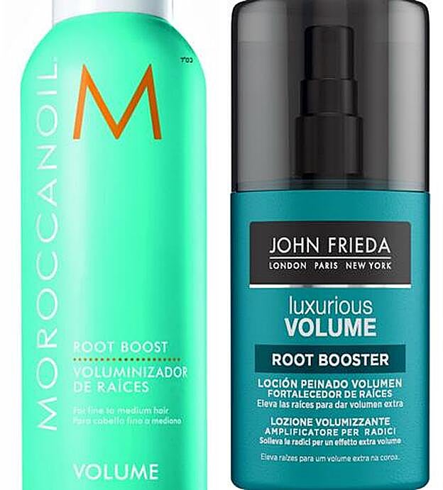 Luxurious Volume Loción de Peinado Volumen de John Frieda (8,95 €). Voluminizador de Raíces de Moroccanoil (28,50 €).
