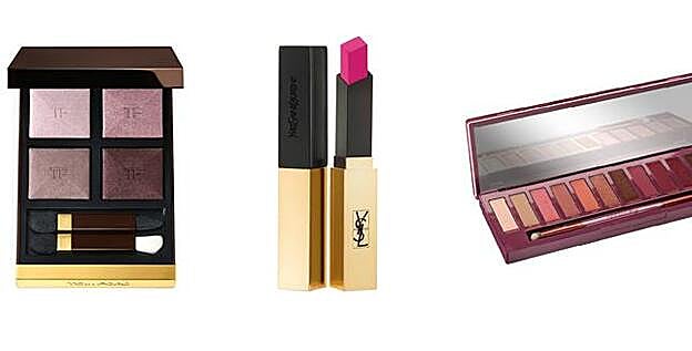Eye Color Quad en tono Virgin Orchid de Tom Ford (70 €). En El Corte Inglés (Serrano, Madrid). Rouge Pur Couture The Slim en tono Rose Absurde de Yves Saint Laurent (36 €). Naked Cherry Eyeshadow Palette de Urban Decay (52 €).
