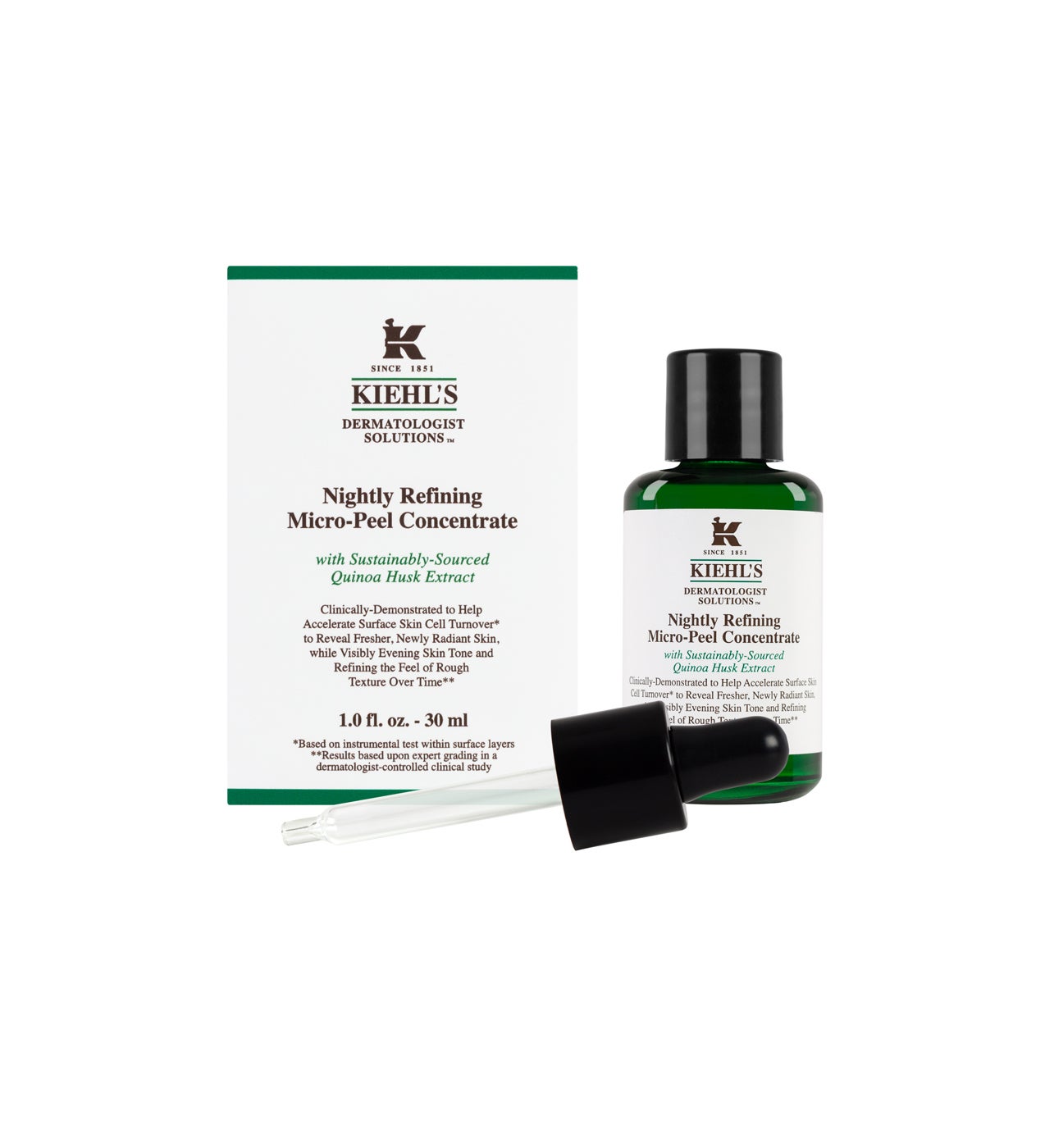 En forma de sérum: Micro-Peel Concentrate de Kiehl’s se basa en la acción exfoliante de la cáscara de quinoa, obtenida de forma sostenible. (53 €).