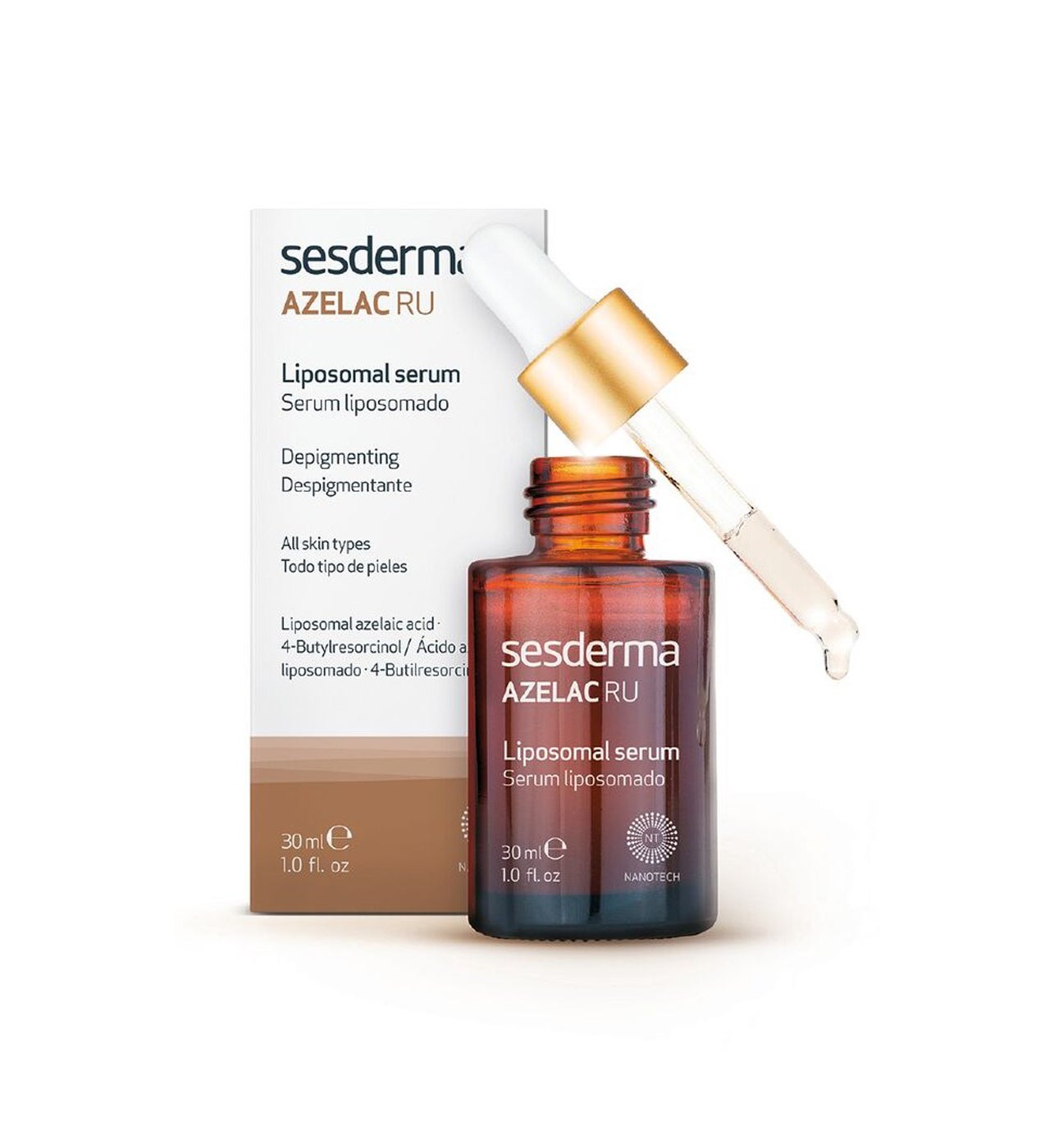 Está formulado con alta concentración de activos despigmentantes y antioxidantes, que mejoran la apariencia de las manchas y homogeneizan el tono de la piel. es apto para todo tipo de pieles, se usa tanto de día como de noche, incluso en verano.  AZELAC RU Liposomal Serum de Sesderma  (40,95 €).