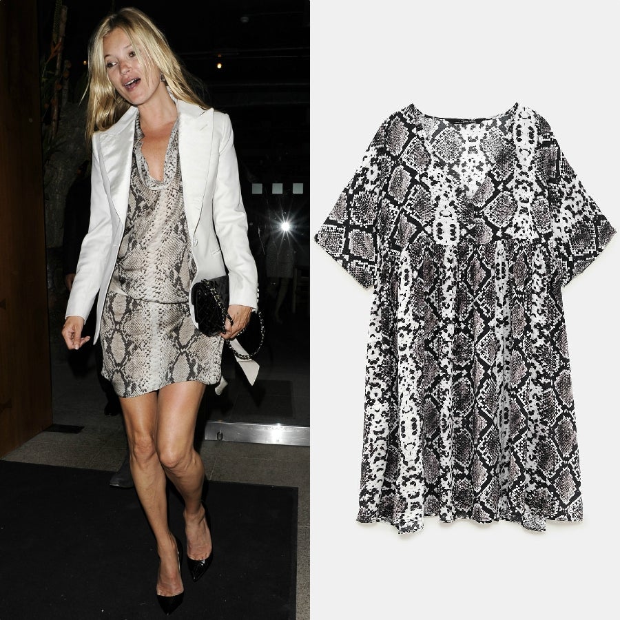 Creías que estabas innovando con las prendas animal print de serpiente pero hace más de 10 años Kate Moss ya lo puso de moda. Vestido camisero de Zara (12,99 euros).